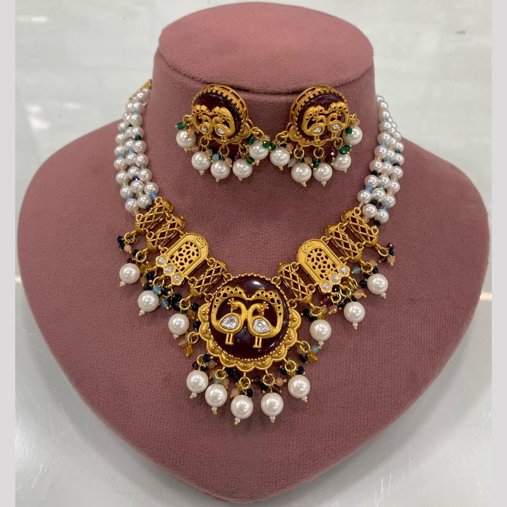 FS Collection Peacock Motif Pearl Beads and Intricate Filigree Design Necklace Set