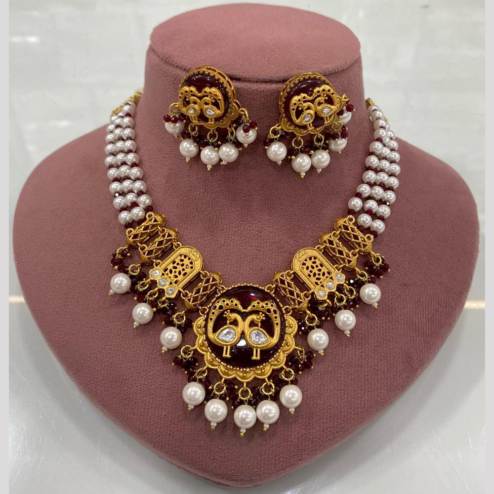 FS Collection Peacock Motif Pearl Beads and Intricate Filigree Design Necklace Set
