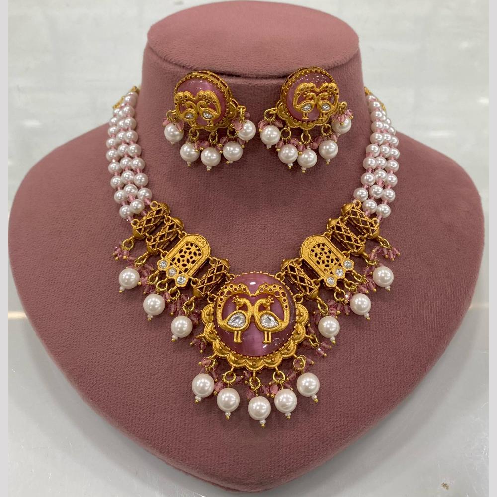 FS Collection Peacock Motif Pearl Beads and Intricate Filigree Design Necklace Set