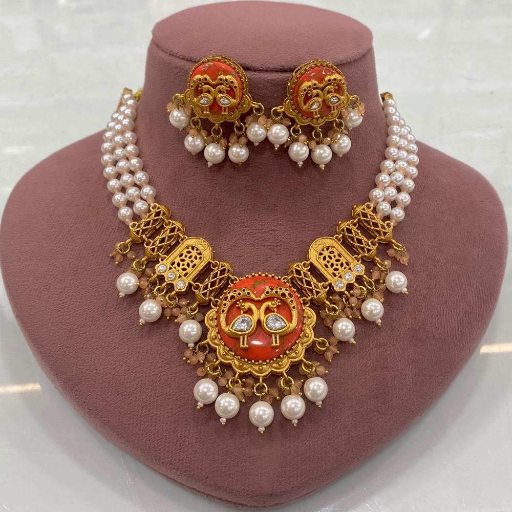 FS Collection Peacock Motif Pearl Beads and Intricate Filigree Design Necklace Set
