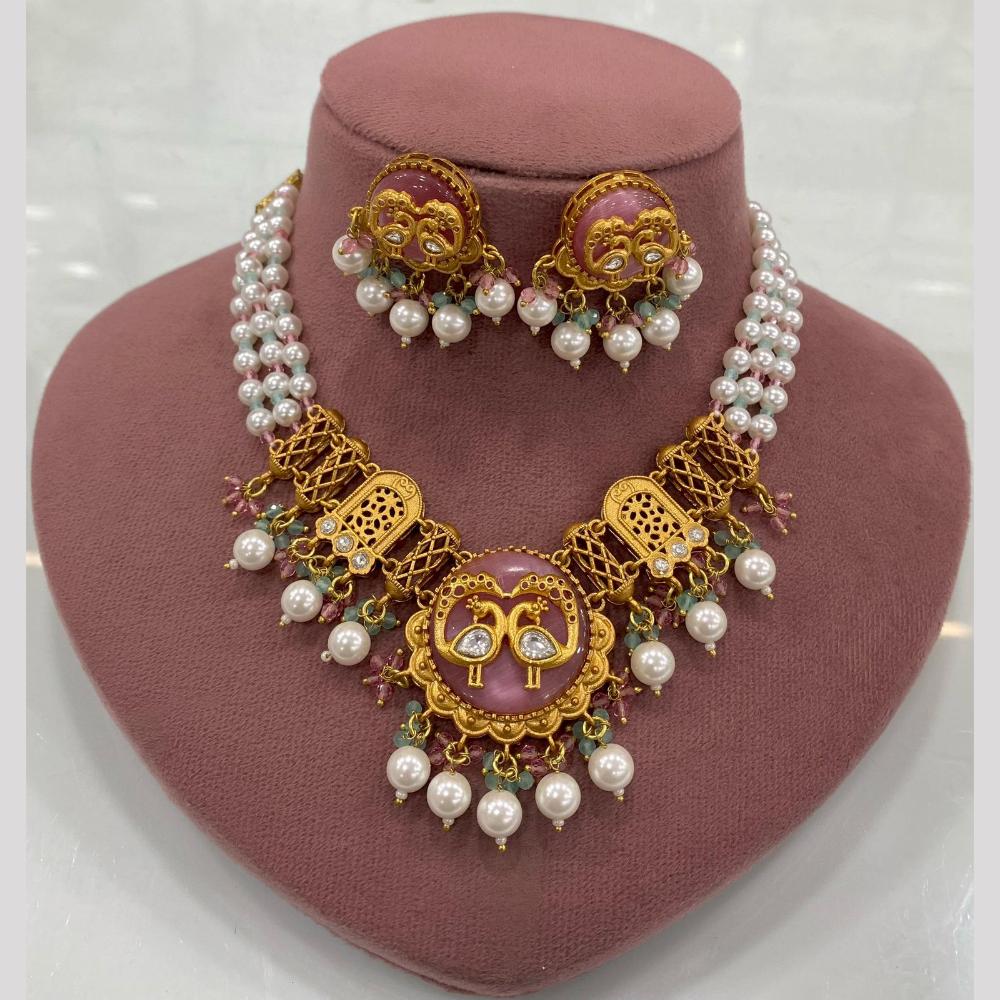 FS Collection Peacock Motif Pearl Beads and Intricate Filigree Design Necklace Set