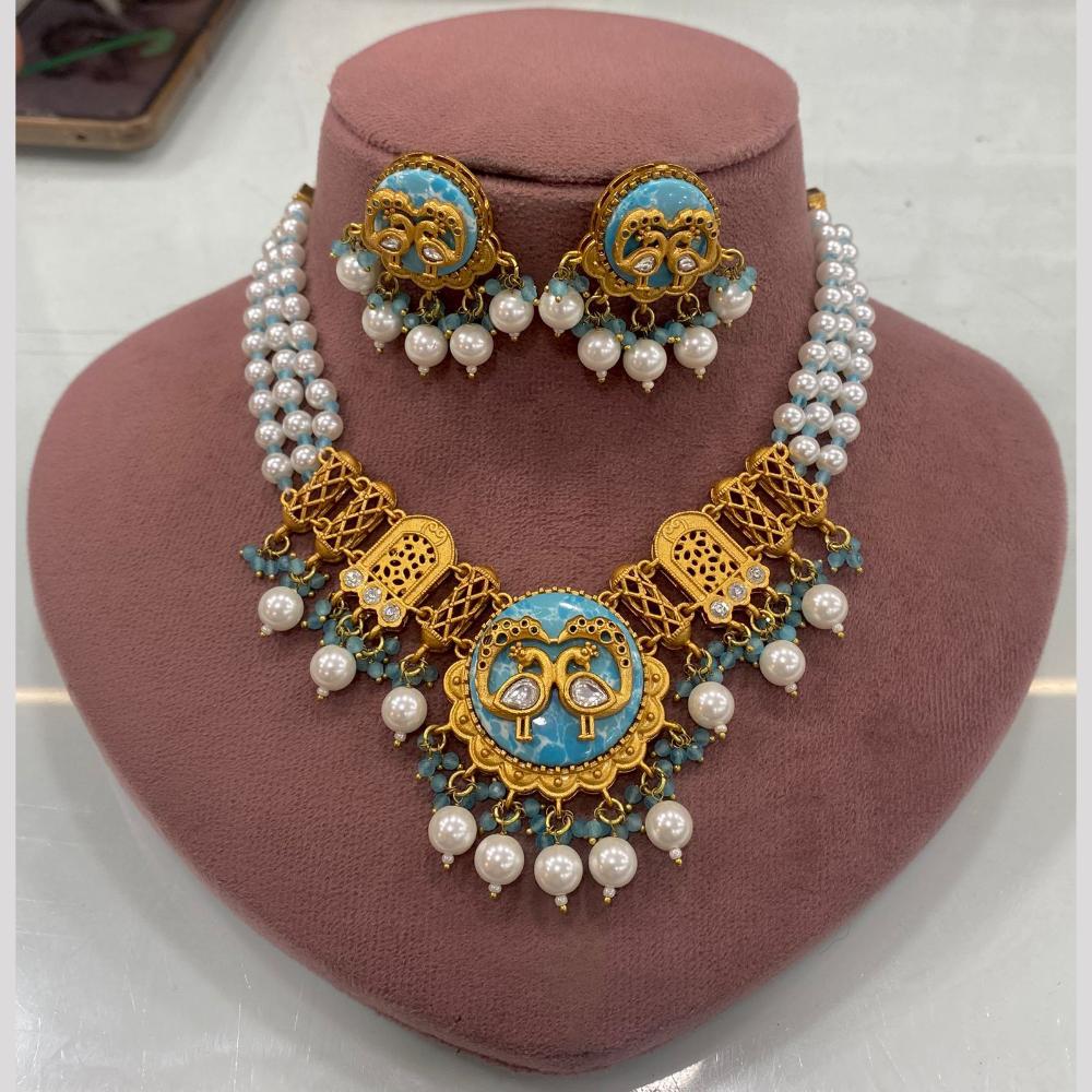 FS Collection Peacock Motif Pearl Beads and Intricate Filigree Design Necklace Set