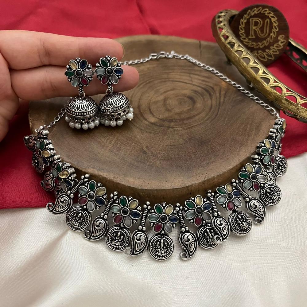 FS Collection Oxidised Plated Colorful Pota Stone Necklace Set