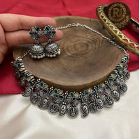 FS Collection Oxidised Plated Colorful Pota Stone Necklace Set 