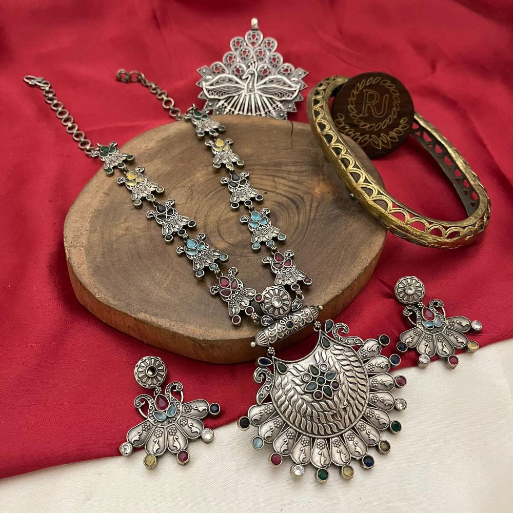 FS Collection Oxidised Plated Colorful Pota Stone Long Necklace Set