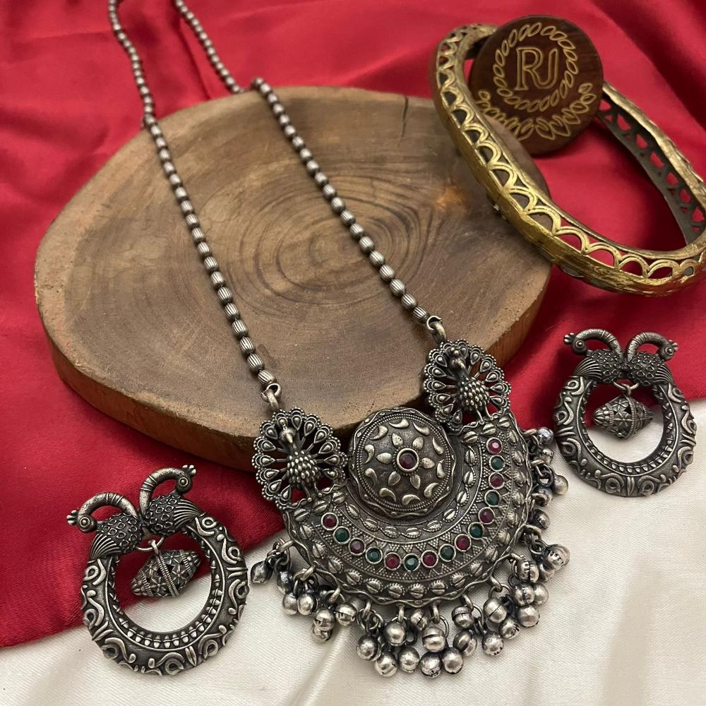 FS Collection Modern Fusion Oxidised Plated Pota Stone Long Necklace Set
