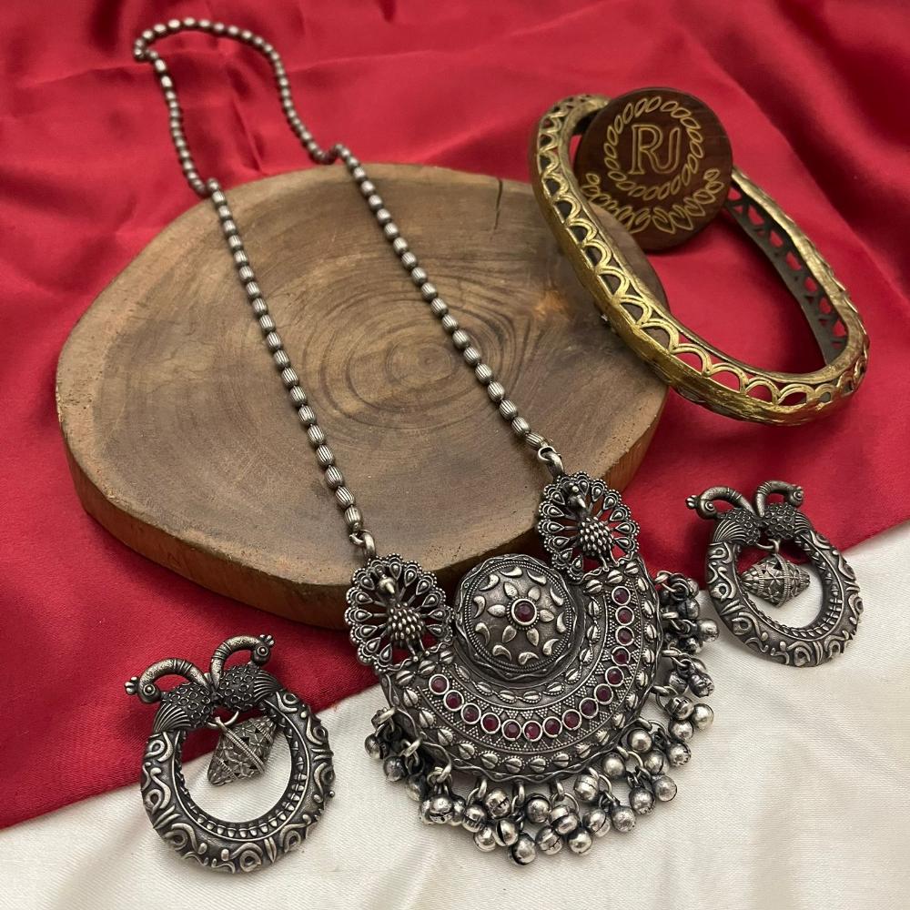 FS Collection Modern Fusion Oxidised Plated Pota Stone Long Necklace Set