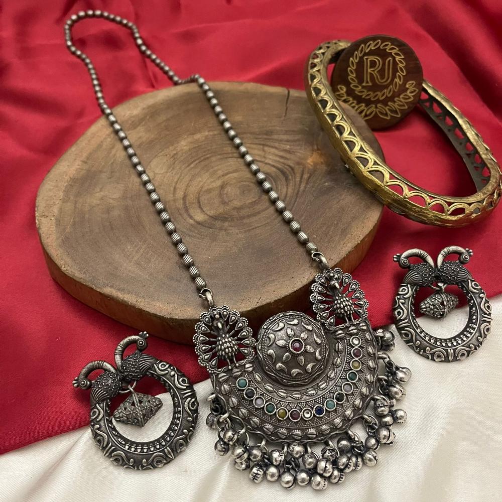 FS Collection Modern Fusion Oxidised Plated Pota Stone Long Necklace Set