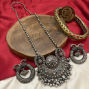 FS Collection Modern Fusion Oxidised Plated Pota Stone Long Necklace Set