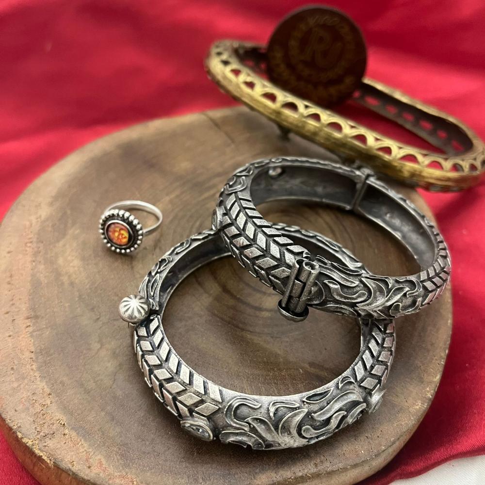 FS Collection Oxidised Plated Designer Tribal Bangle Set with Easy Fit Screw Lock