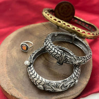 FS Collection Oxidised Plated Designer Tribal Bangle Set with Easy Fit Screw Lock