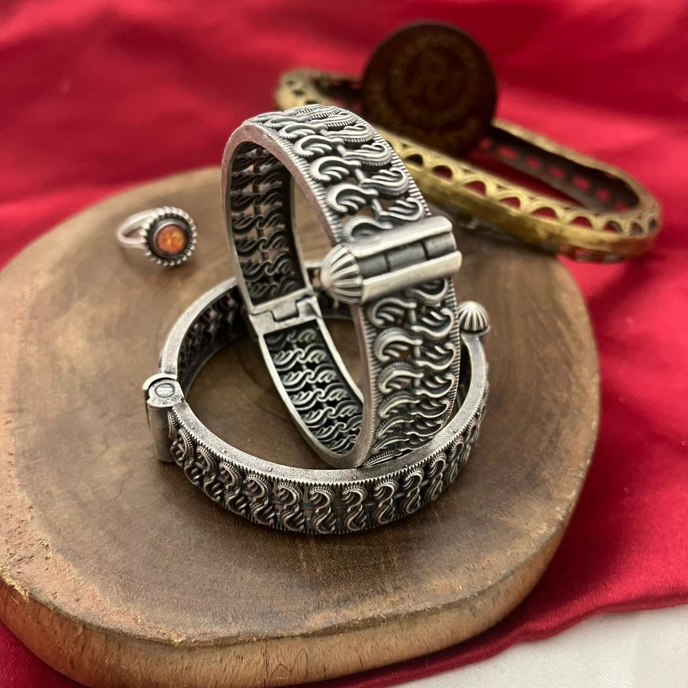 FS Collection Oxidised Plated Designer Tribal Bangle Set with Easy Fit Screw Lock