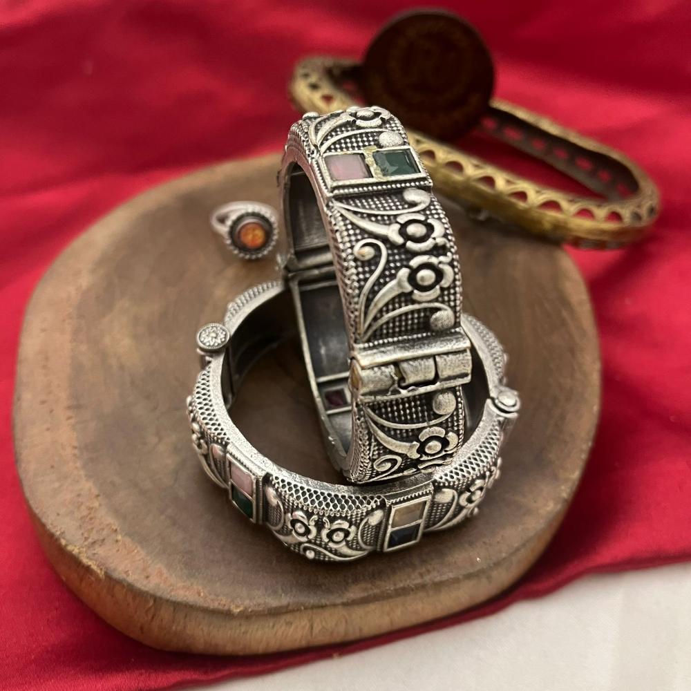 FS Collection Oxidised Plated Designer Pota Stone Openable Bangle Set