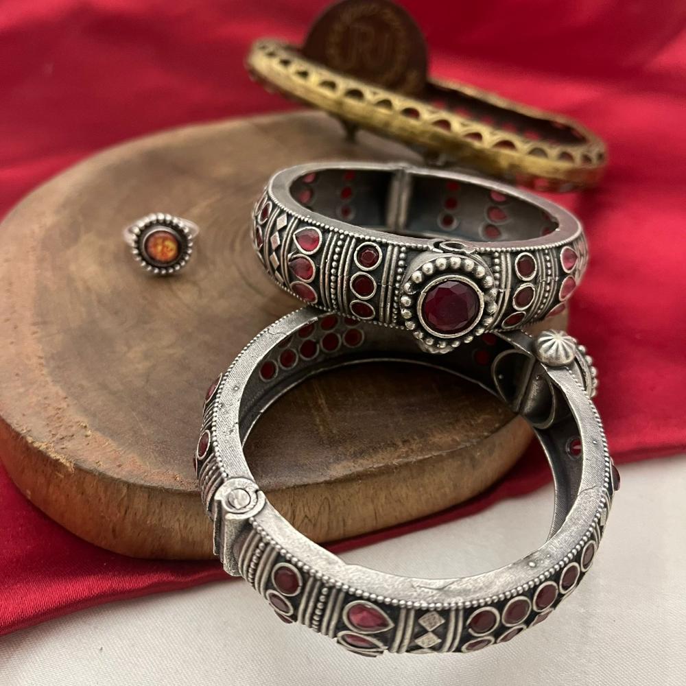 FS Collection Tribal-Chic Oxidised Plated Pota Stone Openable Bangle Set