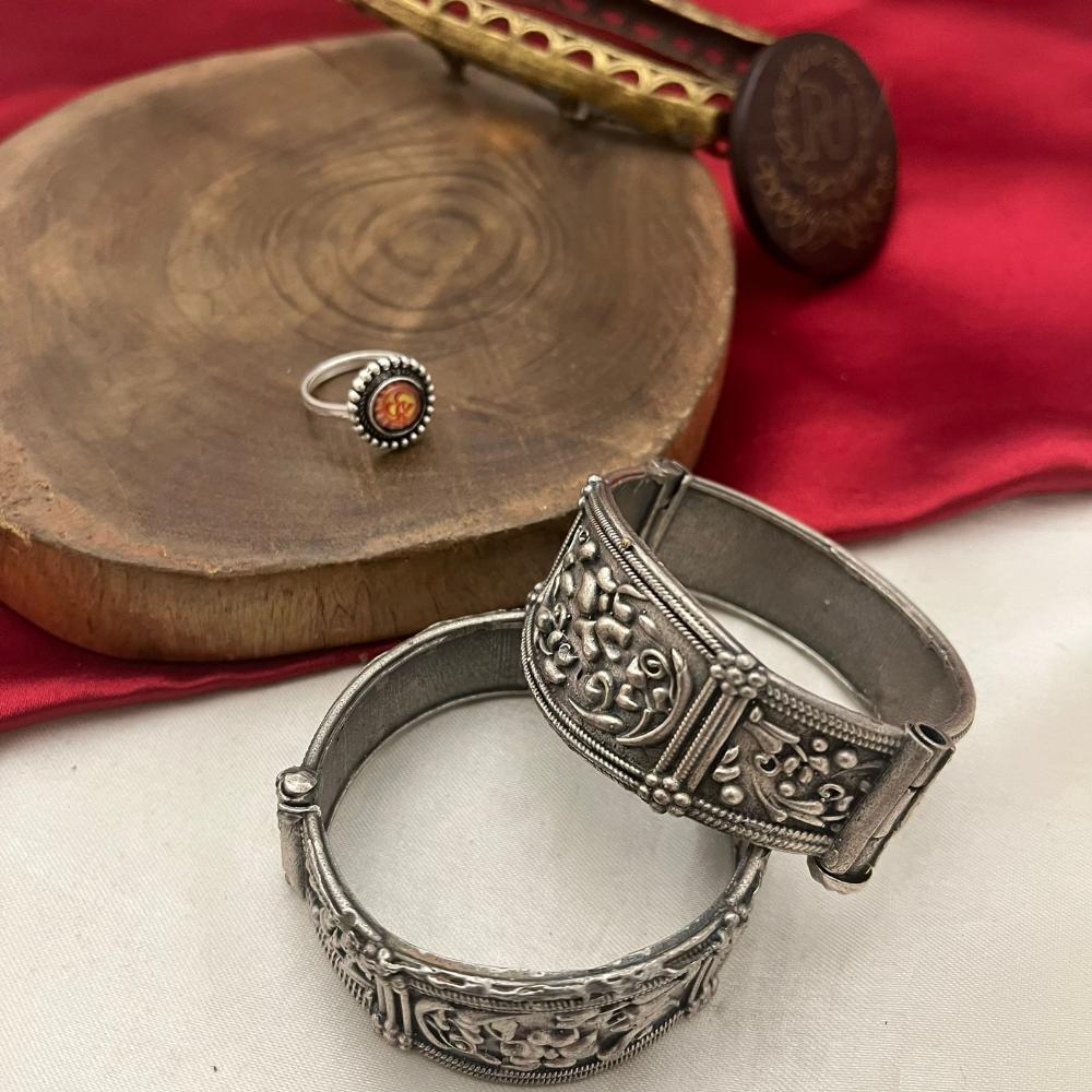 FS Collection Oxidised Plated Designer Tribal Bangle Set with Easy Fit Screw Lock