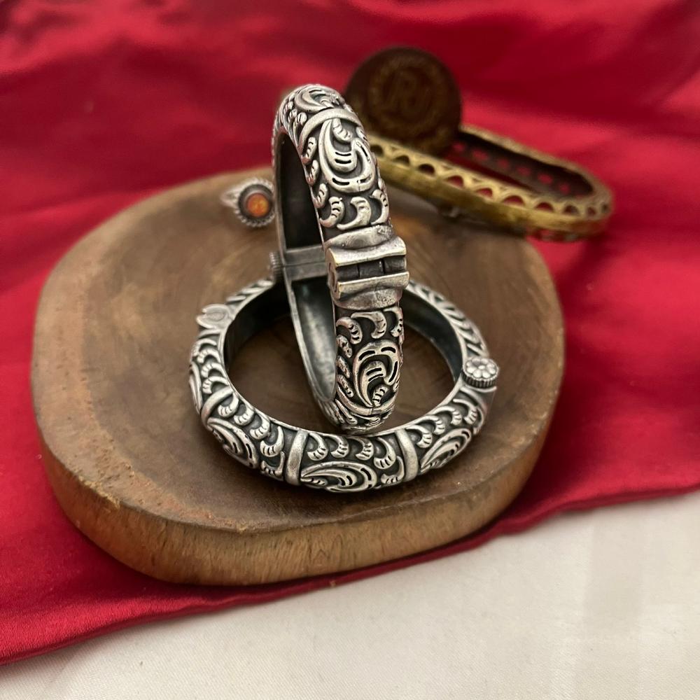 FS Collection Oxidised Plated Designer Tribal Bangle Set with Easy Fit Screw Lock