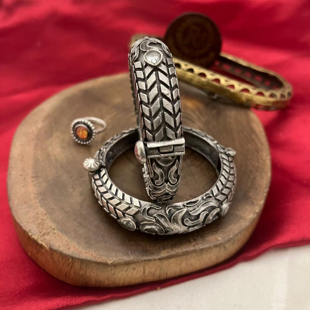 FS Collection Oxidised Plated Designer Tribal Bangle Set with Easy Fit Screw Lock