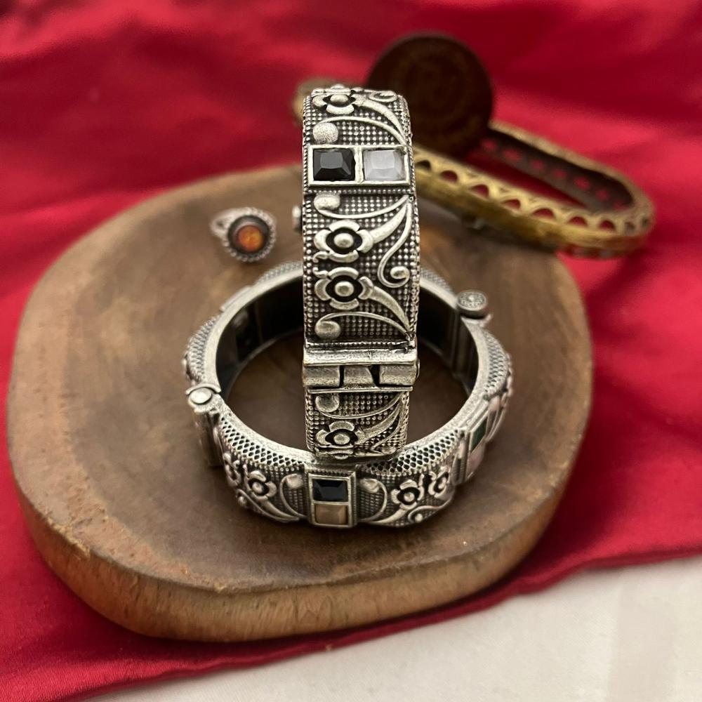 FS Collection Designer Oxidised Plated Pota Stone Openable Bangle Set