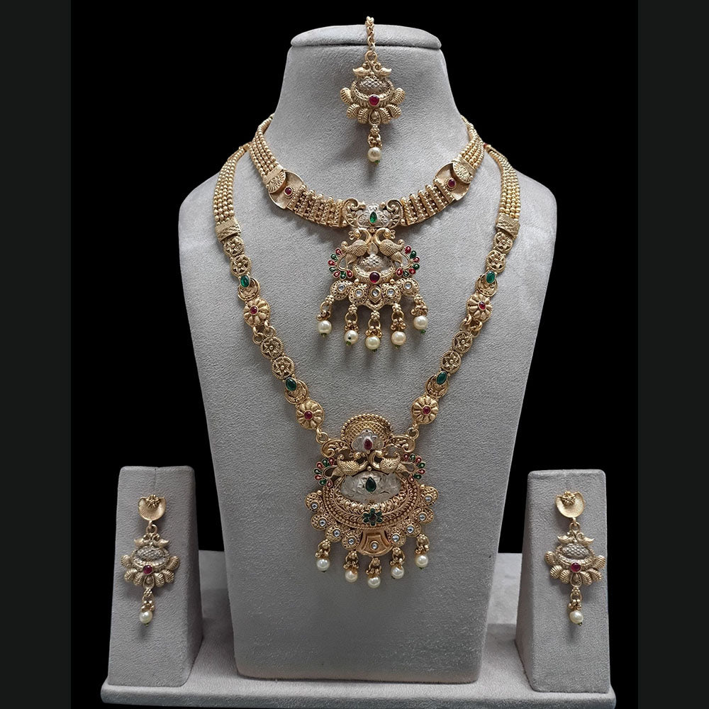 FS Collection Royal Sparkling Pota Stones And Meenakari Double Necklace Set