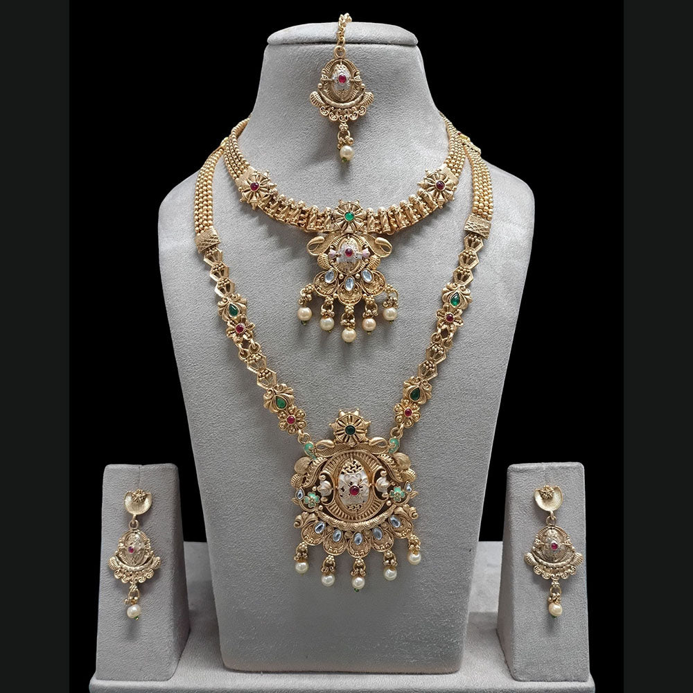 FS Collection Royal Sparkling Pota Stones And Meenakari Double Necklace Set