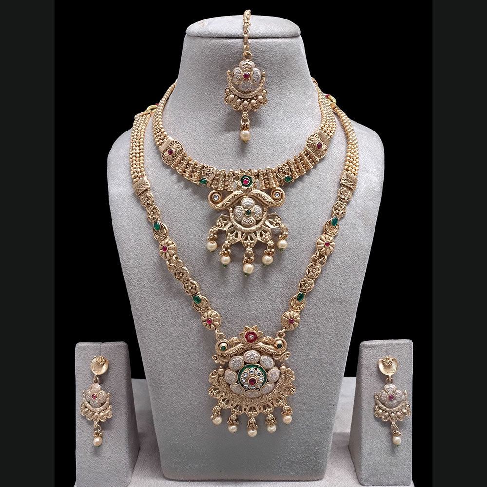 FS Collection Royal Sparkling Pota Stones And Meenakari Double Necklace Set
