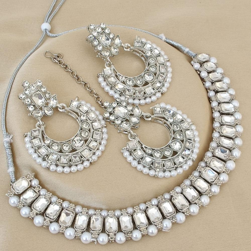 FS Collection rhodium Plated Elegant Beaded Crystal Stone And Beads Necklace Set