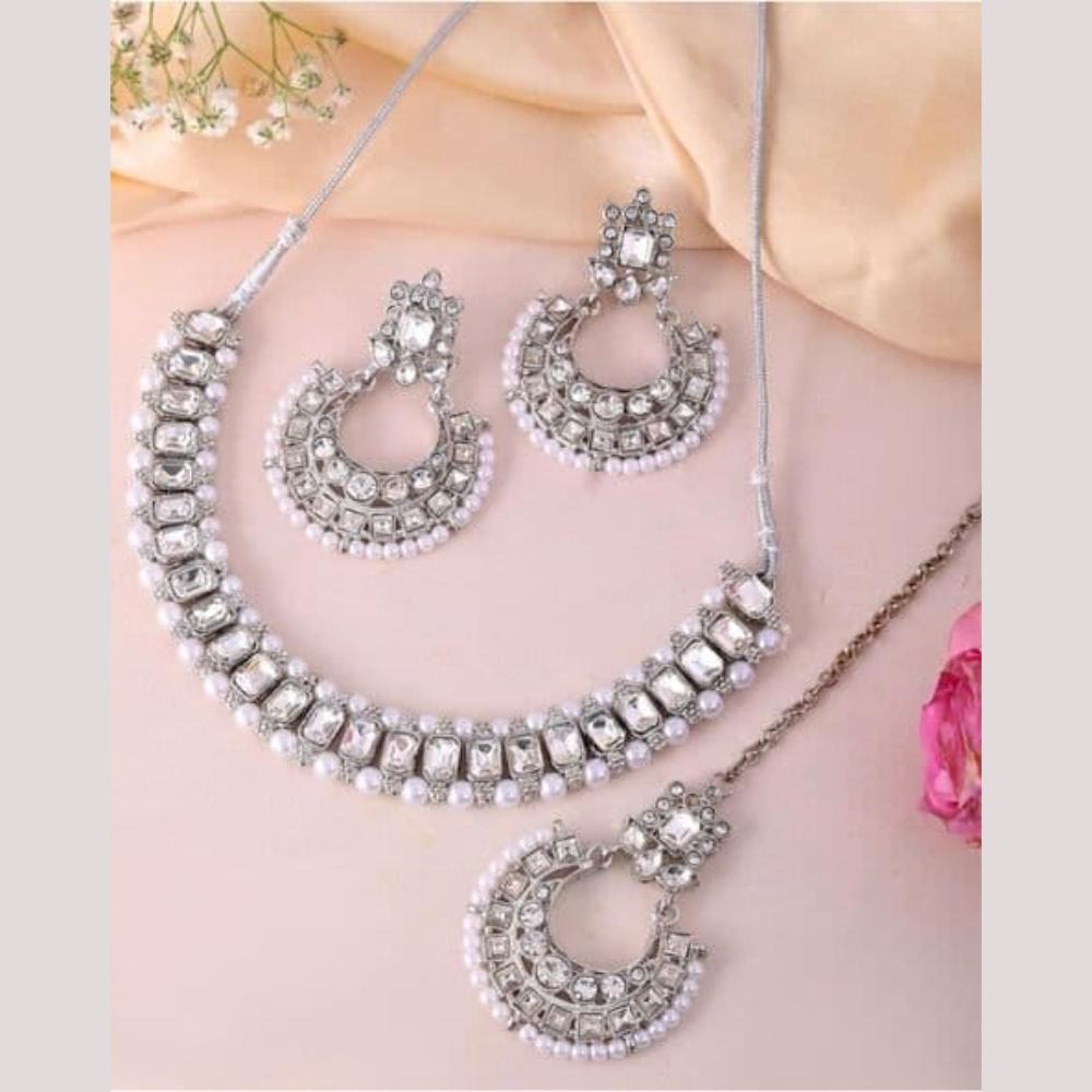 FS Collection rhodium Plated Elegant Beaded Crystal Stone And Beads Necklace Set