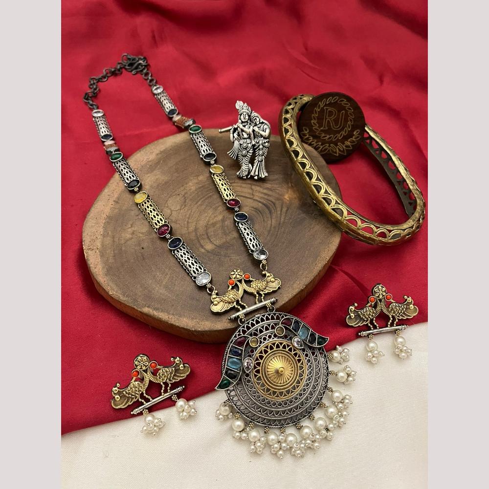 FS Collection 2 Tone Plated Pota Stone And Pearl Long Necklace Set