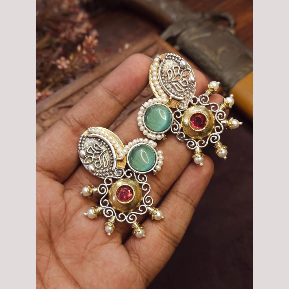 FS Collection Oxidised Plated Pota Stone And Pearl Dangler Earrings
