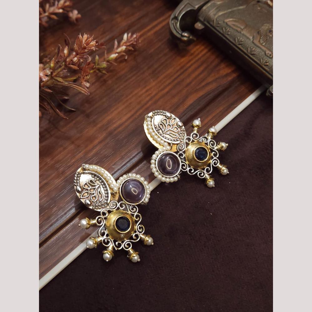 FS Collection Oxidised Plated Pota Stone And Pearl Dangler Earrings