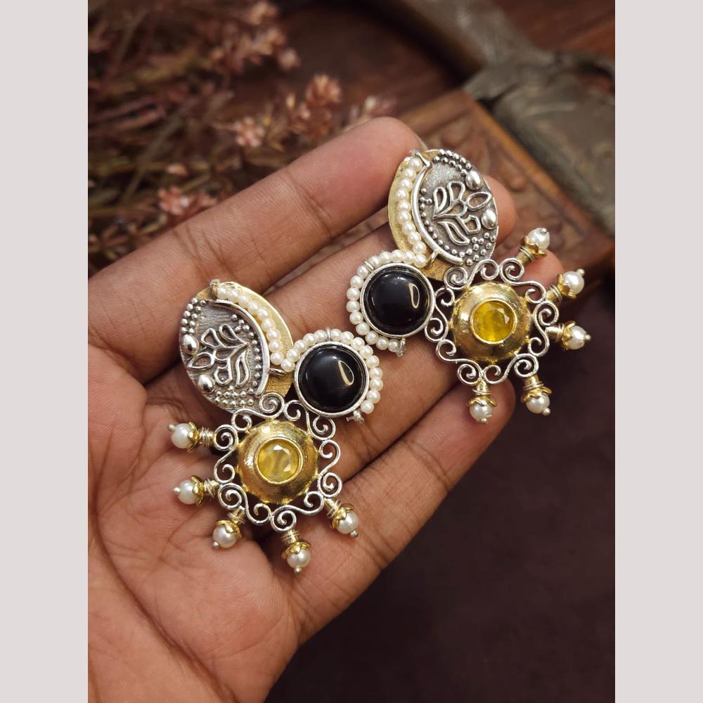 FS Collection Oxidised Plated Pota Stone And Pearl Dangler Earrings