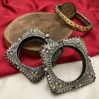 FS Collection Elegant Ethnic Oxidised Plated Pota Stone Openable Bangle Set