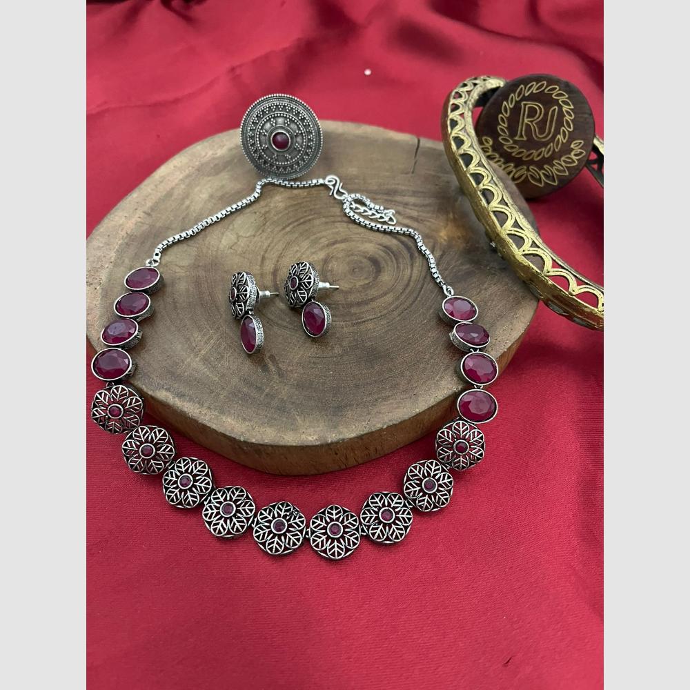 FS Collection Stylish Oxidised Finish Pota Stone Necklace Set