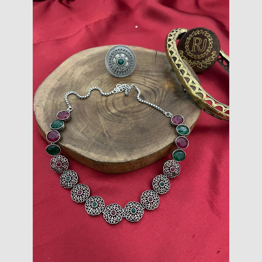 FS Collection Stylish Oxidised Finish Pota Stone Necklace Set