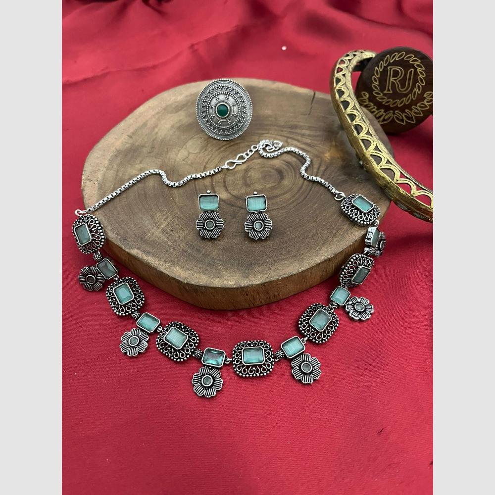 FS Collection Stylish Oxidised Finish Pota Stone Necklace Set