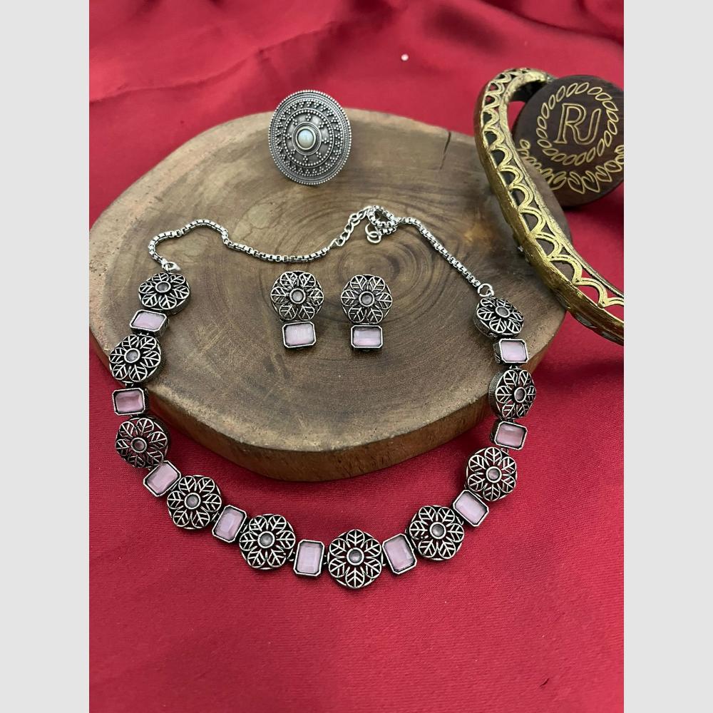 FS Collection Stylish Oxidised Finish Pota Stone Necklace Set