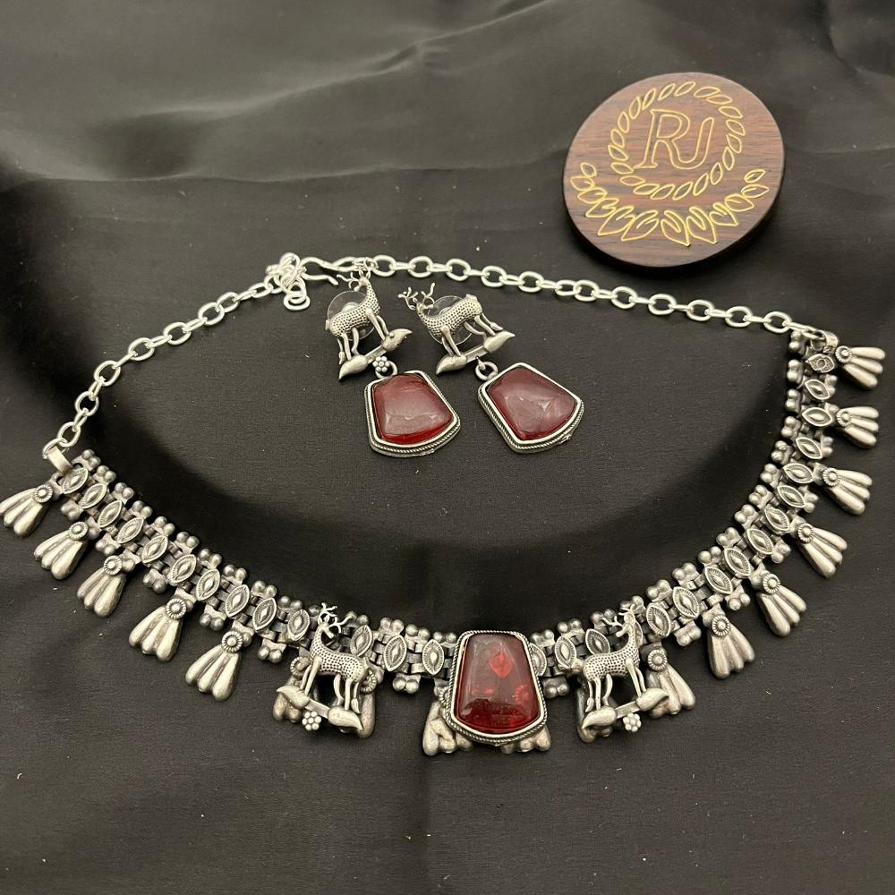 FS Collection Stylish Oxidised Finish Pota Stone Necklace Set