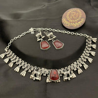 FS Collection Stylish Oxidised Finish Pota Stone Necklace Set