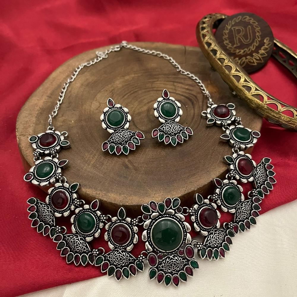 FS Collection Stylish Oxidised Finish Pota Stone Necklace Set