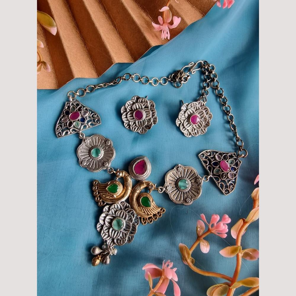 FS Collection 2 Tone Plated Pota Stone Peacock Design Necklace Set
