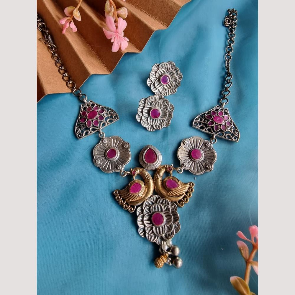 FS Collection 2 Tone Plated Pota Stone Peacock Design Necklace Set