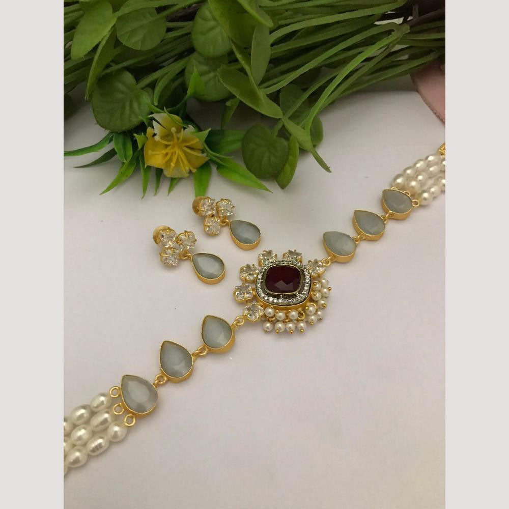 FS Collection Modern Glow Crystal And Pearl Choker Necklace Set