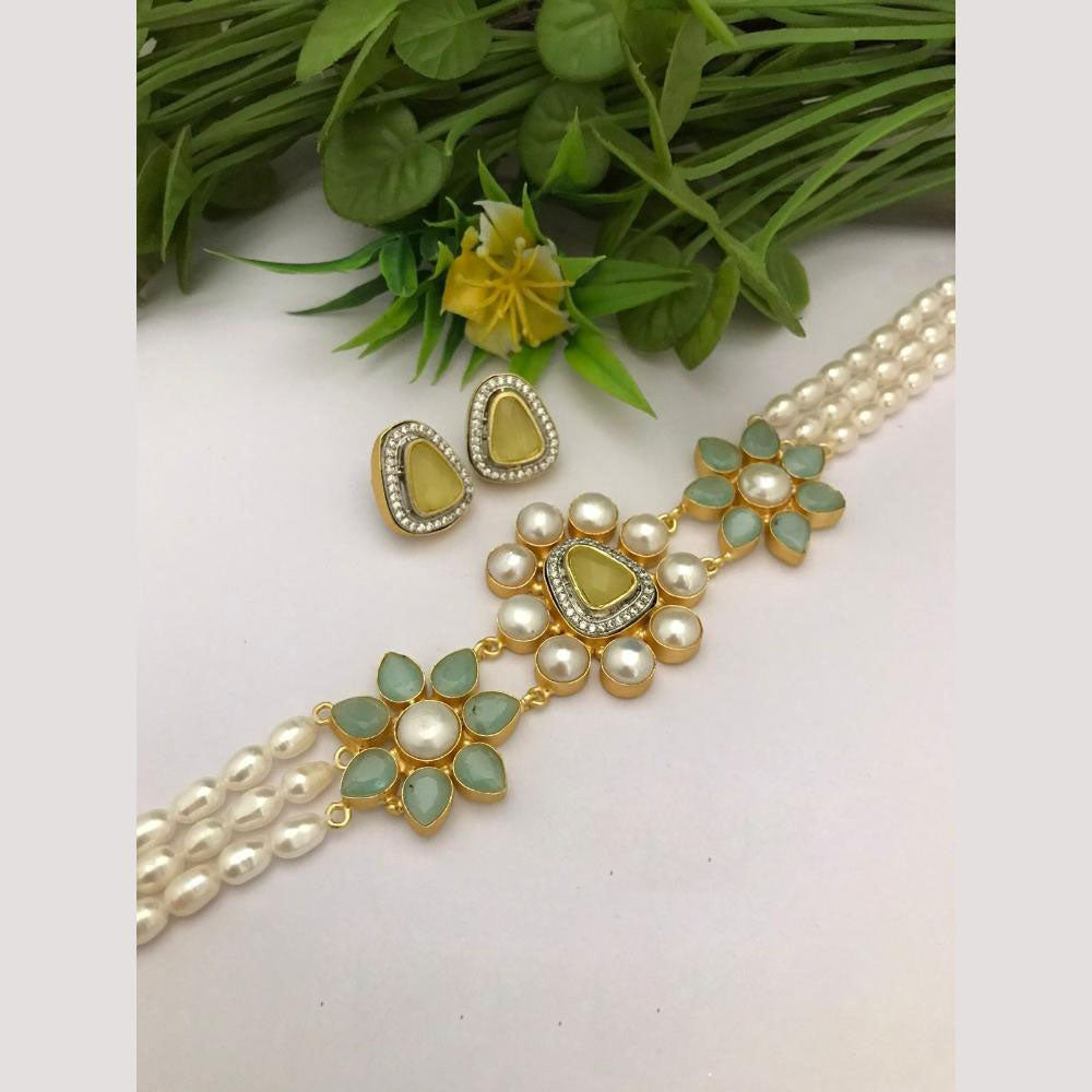 FS Collection Modern Glow Crystal And Pearl Choker Necklace Set