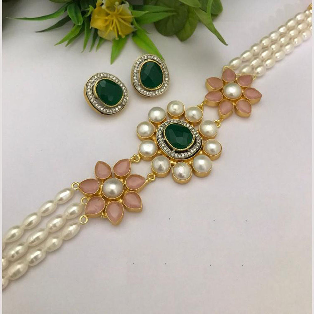FS Collection Modern Glow Crystal And Pearl Choker Necklace Set