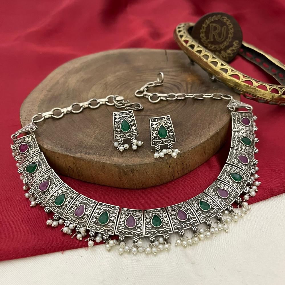 FS Collection Antique Oxidised Plated Pota Stone And Pearl Necklace Set