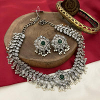 FS Collection Twilight Bloom Oxidised Plated Crystal And Pearl Necklace Set
