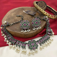 FS Collection Twilight Bloom Oxidised Plated Crystal And Pearl Necklace Set 