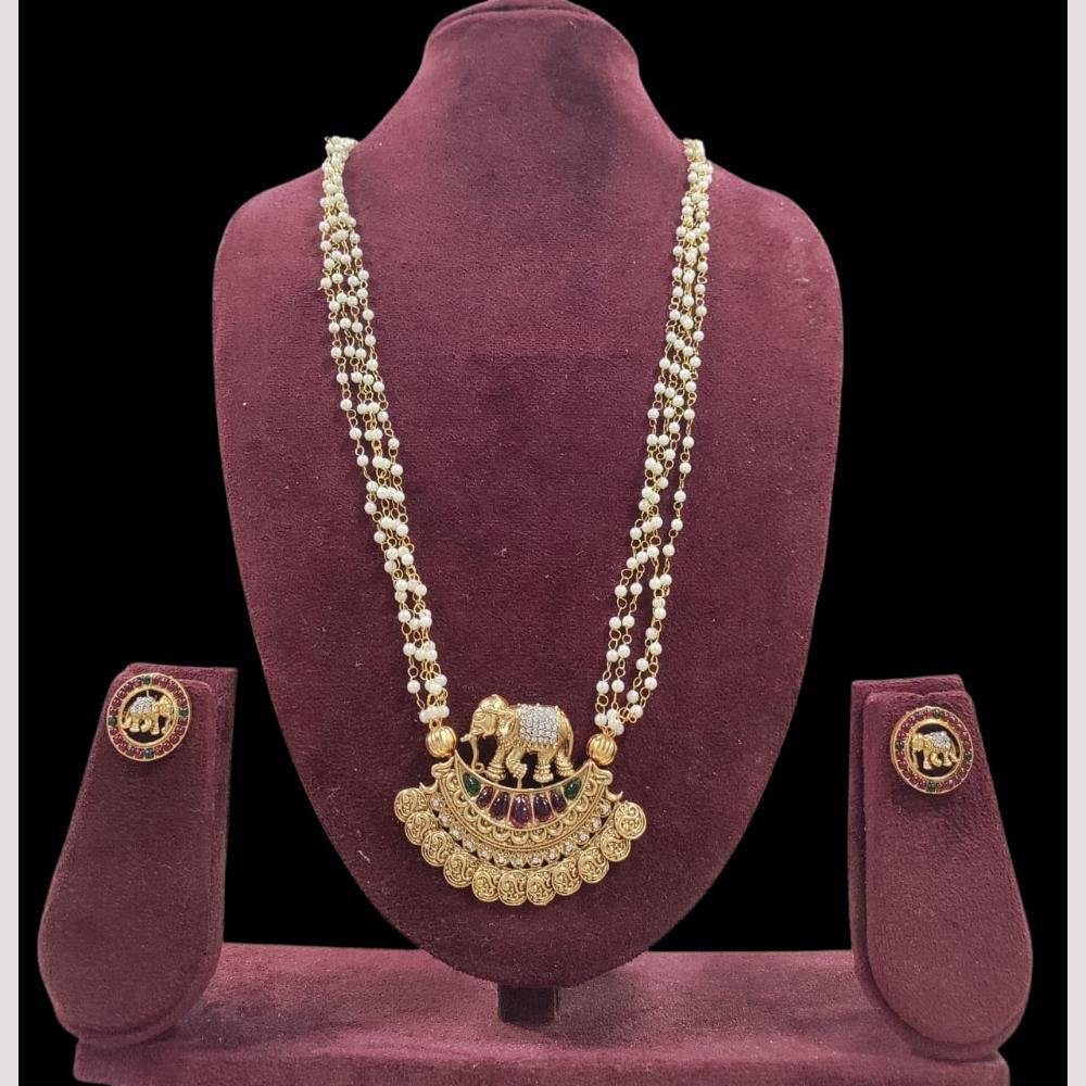 FS Collection Majestic Elephant Design Long Necklace Set with Pearls And Pota Stones