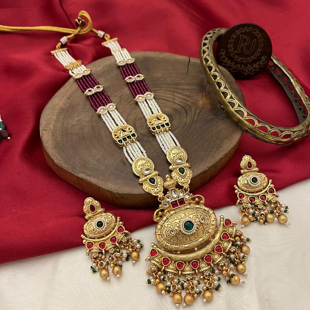 FS Collection Classic Long Necklace Set with Pearls and Vibrant Pota Stones