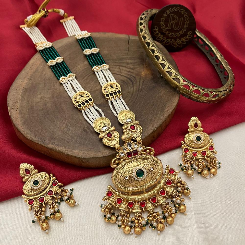 FS Collection Classic Long Necklace Set with Pearls and Vibrant Pota Stones